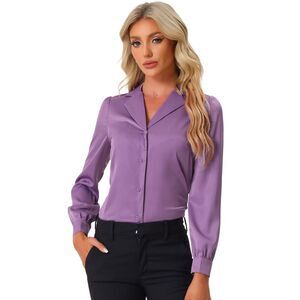 Satin Blouse Long Sleeve Button Down Shirt Collared Work Top Magenta